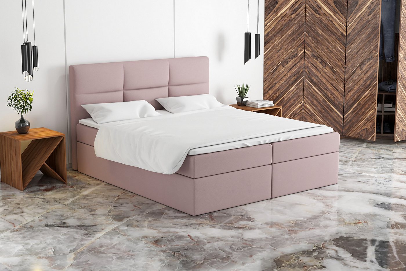 A&J MöbelLand GmbH Boxspringbett GRIM mit Bettkasten, Topper und gepolstertem Kopfteil. (Boxspringbett mit Bettkasten und gepolstertem Kopfteil. Inclusive Topper!, TOP ANGEBOT), Länge 208cm Höhe 106 cm von A&J MöbelLand GmbH