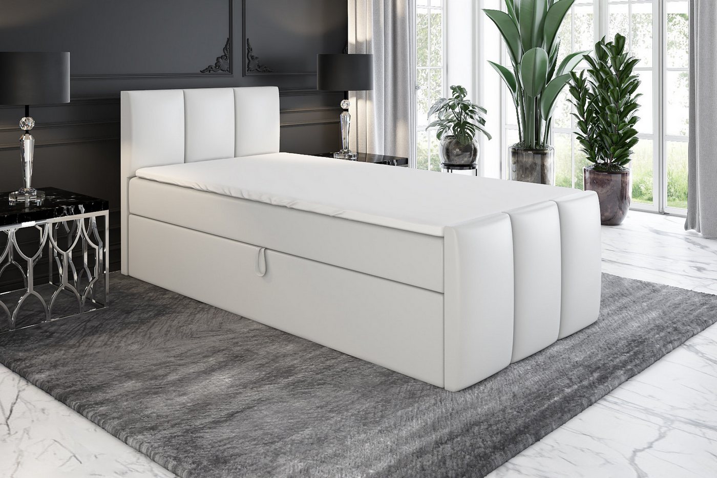 A&J MöbelLand GmbH Boxspringbett Einzelbett MOREN mit Bettkasten, Topper und gepolstertem Kopfteil. (Boxspringbett mit Bettkasten und gepolstertem Kopfteil. Inclusive Topper !, TOP ANGEBOT), Länge 216 cm Höhe 106 cm A&J MöbelLand GmbH Boxspringbett Einzelbett MOREN mit Bettkasten, Topper und gepolstertem Kopfteil. (Boxspringbett mit Bettkasten und gepolstertem Kopfteil. Inclusive Topper !, TOP ANGEBOT), Länge 216 cm Höhe 106 cm von A&J MöbelLand GmbH