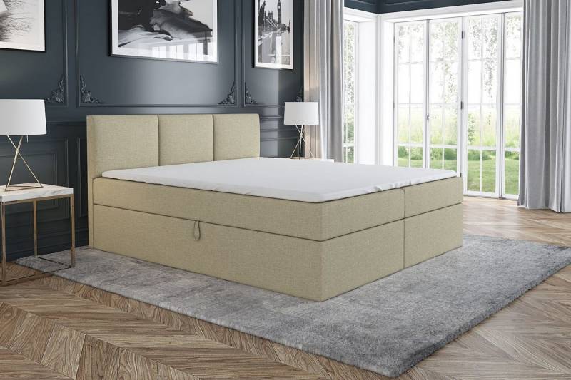 A&J MöbelLand GmbH Boxspringbett RICO mit Bettkasten, Topper und gepolstertem Kopfteil. (Boxspringbett mit Bettkasten und gepolstertem Kopfteil. Inclusive Topper !, TOP ANGEBOT), Länge 208cm Höhe 106 cm von A&J MöbelLand GmbH