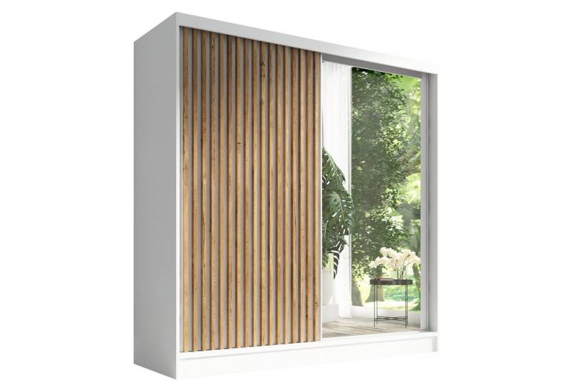 A&J MöbelLand GmbH Schwebetürenschrank LINA mit 3 Schubladen, 3D-Lamellen und Spiegel (TOP ANGEBOT! Geräumiger Schrank mit einer Breite von 200 cm und Spiegel, ideal zur Aufbewahrung von Kleidung und Accessoires. 3 Schubladen und viel Stauraum. TOP PRODUKT! Wählen Sie das ideale Modell für Ihr Schlafzimmer!, Inclusive 3 Schubladen) Breite: 200 cm, Höhe: 215 cm, Tiefe: 59,5 cm von A&J MöbelLand GmbH