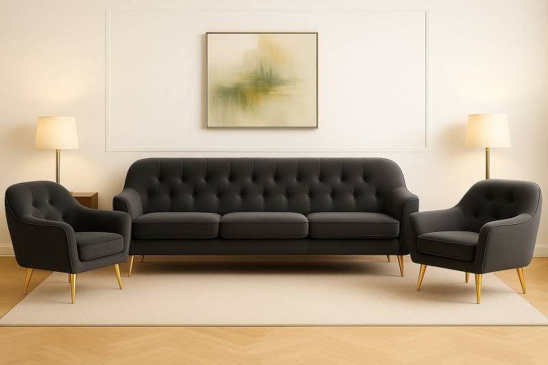 A&J MöbelLand GmbH Polstergarnitur BENITO: 3-Sitzer Sofa + 2 Sessel, (Bringen Sie mit dem stilvollen Set BENITO, bestehend aus einem großzügigen 3-Sitzer Sofa und zwei komfortablen Sesseln, Eleganz und Gemütlichkeit in Ihr Wohnzimmer., 3-tlg., Hochwertige Materialien, sorgfältige Verarbeitung und modernes Design), Höchster Sitzkomfort & langlebige Qualität von A&J MöbelLand GmbH