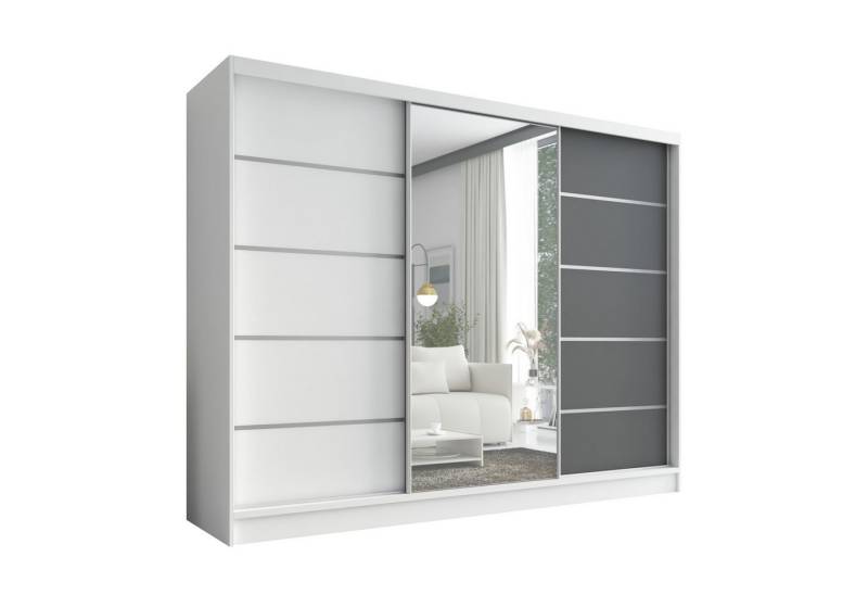 A&J MöbelLand GmbH Schiebetürenschrank ARIVA 1 mit 2 Kleiderstangen und Spiegel (TOP ANGEBOT! Geräumiger Schrank mit einer Breite von 200 cm und Spiegel, ideal zur Aufbewahrung von Kleidung und Accessoires. TOP PRODUKT! Wählen Sie das ideale Modell für Ihr Schlafzimmer!, Viel Stauraum) Breite: 200 cm, Höhe: 215 cm, Tiefe: 59,5 cm von A&J MöbelLand GmbH