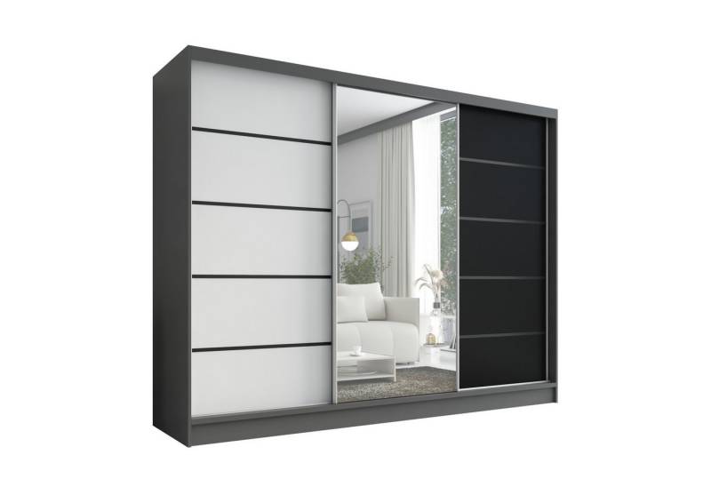 A&J MöbelLand GmbH Schiebetürenschrank ARIVA2 3-türiger Kleiderschrank mit Spiegel, und Kleiderstangen (TOP ANGEBOT! Geräumiger Schrank mit einer Breite von 200 cm und Spiegel, ideal zur Aufbewahrung von Kleidung und Accessoires. 3 Schubladen und viel Stauraum. TOP PRODUKT! Wählen Sie das ideale Modell für Ihr Schlafzimmer!, Viel Stauraum) Breite: 200 cm, Höhe: 215 cm, Tiefe: 59,5 cm von A&J MöbelLand GmbH