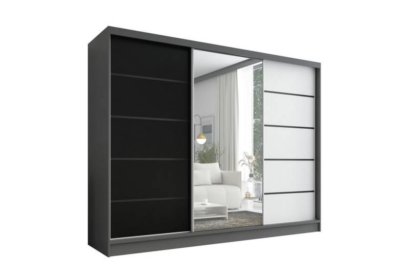 A&J MöbelLand GmbH Schiebetürenschrank ARIVA2 3-türiger Kleiderschrank mit Spiegel, und Kleiderstangen (TOP ANGEBOT! Geräumiger Schrank mit einer Breite von 200 cm und Spiegel, ideal zur Aufbewahrung von Kleidung und Accessoires. 3 Schubladen und viel Stauraum. TOP PRODUKT! Wählen Sie das ideale Modell für Ihr Schlafzimmer!, Viel Stauraum) Breite: 200 cm, Höhe: 215 cm, Tiefe: 59,5 cm von A&J MöbelLand GmbH