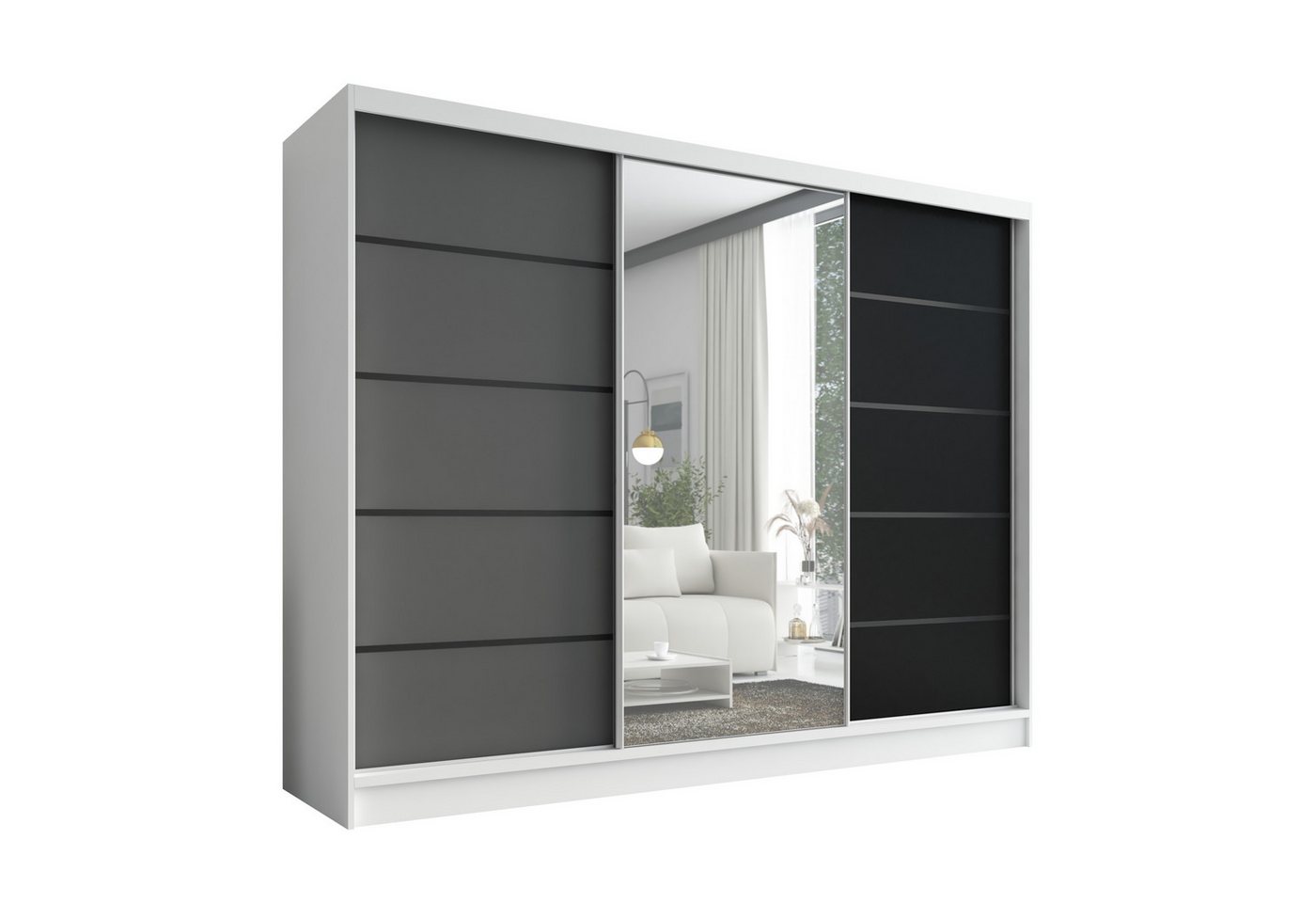 A&J MöbelLand GmbH Schiebetürenschrank ARIVA2 3-türiger Kleiderschrank mit Spiegel, und Kleiderstangen (TOP ANGEBOT! Geräumiger Schrank mit einer Breite von 200 cm und Spiegel, ideal zur Aufbewahrung von Kleidung und Accessoires. 3 Schubladen und viel Stauraum. TOP PRODUKT! Wählen Sie das ideale Modell für Ihr Schlafzimmer!, Viel Stauraum) Breite: 200 cm, Höhe: 215 cm, Tiefe: 59,5 cm von A&J MöbelLand GmbH