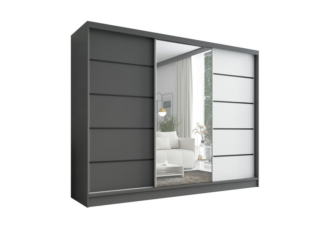 A&J MöbelLand GmbH Schiebetürenschrank ARIVA2 3-türiger Kleiderschrank mit Spiegel, und Kleiderstangen (TOP ANGEBOT! Geräumiger Schrank mit einer Breite von 200 cm und Spiegel, ideal zur Aufbewahrung von Kleidung und Accessoires. 3 Schubladen und viel Stauraum. TOP PRODUKT! Wählen Sie das ideale Modell für Ihr Schlafzimmer!, Viel Stauraum) Breite: 200 cm, Höhe: 215 cm, Tiefe: 59,5 cm von A&J MöbelLand GmbH