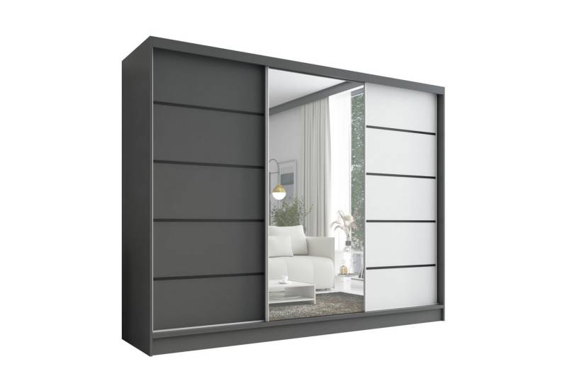A&J MöbelLand GmbH Schiebetürenschrank ARIVA2 3-türiger Kleiderschrank mit Spiegel, und Kleiderstangen (TOP ANGEBOT! Geräumiger Schrank mit einer Breite von 200 cm und Spiegel, ideal zur Aufbewahrung von Kleidung und Accessoires. 3 Schubladen und viel Stauraum. TOP PRODUKT! Wählen Sie das ideale Modell für Ihr Schlafzimmer!, Viel Stauraum) Breite: 200 cm, Höhe: 215 cm, Tiefe: 59,5 cm von A&J MöbelLand GmbH
