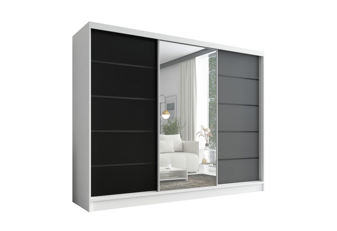 A&J MöbelLand GmbH Schiebetürenschrank ARIVA2 3-türiger Kleiderschrank mit Spiegel, und Kleiderstangen (TOP ANGEBOT! Geräumiger Schrank mit einer Breite von 200 cm und Spiegel, ideal zur Aufbewahrung von Kleidung und Accessoires. 3 Schubladen und viel Stauraum. TOP PRODUKT! Wählen Sie das ideale Modell für Ihr Schlafzimmer!, Viel Stauraum) Breite: 200 cm, Höhe: 215 cm, Tiefe: 59,5 cm von A&J MöbelLand GmbH