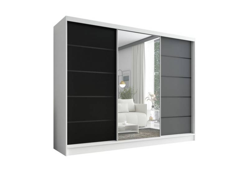 A&J MöbelLand GmbH Schiebetürenschrank ARIVA2 3-türiger Kleiderschrank mit Spiegel, und Kleiderstangen (TOP ANGEBOT! Geräumiger Schrank mit einer Breite von 200 cm und Spiegel, ideal zur Aufbewahrung von Kleidung und Accessoires. 3 Schubladen und viel Stauraum. TOP PRODUKT! Wählen Sie das ideale Modell für Ihr Schlafzimmer!, Viel Stauraum) Breite: 200 cm, Höhe: 215 cm, Tiefe: 59,5 cm von A&J MöbelLand GmbH