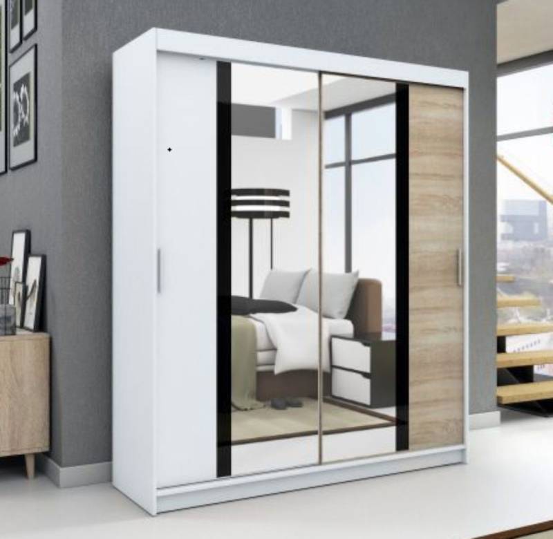 A&J MöbelLand GmbH Schiebetürenschrank BRANI mit Soiegel (TOP ANGEBOT! Geräumiger Schrank mit viel Stauraum:6 Regalen und 1 Kleiderstange – -ideal zur Aufbewahrung von Kleidung und Accessoires. TOP PRODUKT! Farbe und Größe (120 cm, 160 cm, 180 cm) zur Auswahl -wählen Sie das ideale Modell für Ihr Schlafzimmer!, Kleiderschrank mit Regalen) Breite: 120 cm, 160 cm, 180 cm, Höhe: 215 cm, Tiefe: 59,5 cm von A&J MöbelLand GmbH