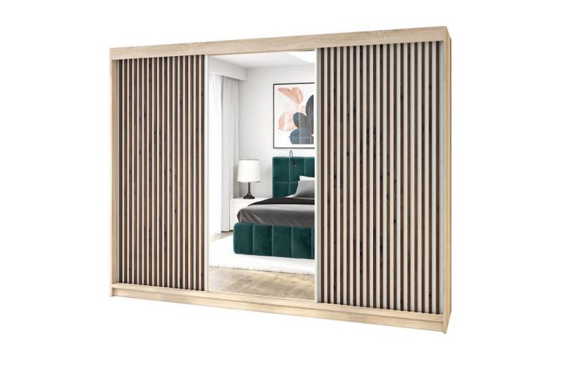 A&J MöbelLand GmbH Schwebetürenschrank FARA 200 cm, mit 4 Schubladen, Spiegel, 3D Lamellen (TOP ANGEBOT! Geräumiger Schrank mit einer Breite von 200 cm und Spiegel, ideal zur Aufbewahrung von Kleidung und Accessoires. 4 Schubladen und viel Stauraum. TOP PRODUKT! Wählen Sie das ideale Modell für Ihr Schlafzimmer!, Inclusive 4 Schubladen) Breite: 200 cm, Höhe: 215 cm, Tiefe: 59,5 cm von A&J MöbelLand GmbH