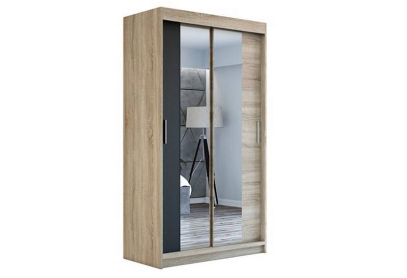 A&J MöbelLand GmbH Schwebetürenschrank NEO 2-türig Schrank mit Spiegel (TOP ANGEBOT! Geräumiger Schrank mit viel Stauraum:6 Regalen und 1 Kleiderstange – -ideal zur Aufbewahrung von Kleidung und Accessoires. TOP PRODUKT! Farbe und Größe (120 cm, 160 cm, 180 cm) zur Auswahl -wählen Sie das ideale Modell für Ihr Schlafzimmer!, Kleiderschrank mit Regalen) Breite: 120 cm, Höhe: 215 cm, Tiefe: 59,5 cm von A&J MöbelLand GmbH
