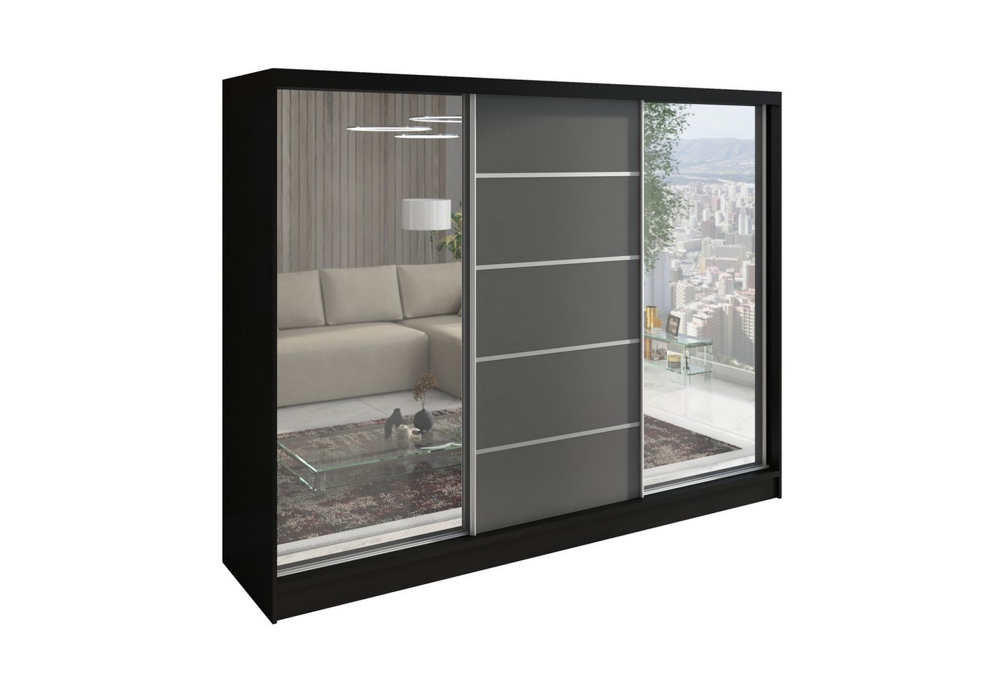 A&J MöbelLand GmbH Schwebetürenschrank TOP, 3-türig Schrank 200 cm mit Schubladen und Spiegel (TOP ANGEBOT! Geräumiger Schrank mit einer Breite von 200 cm und Spiegel, ideal zur Aufbewahrung von Kleidung und Accessoires. 3 Schubladen und viel Stauraum. TOP PRODUKT! Wählen Sie das ideale Modell für Ihr Schlafzimmer!, Inclusive 3 Schubladen) Breite: 200 cm, Höhe: 215 cm, Tiefe: 59,5 cm von A&J MöbelLand GmbH