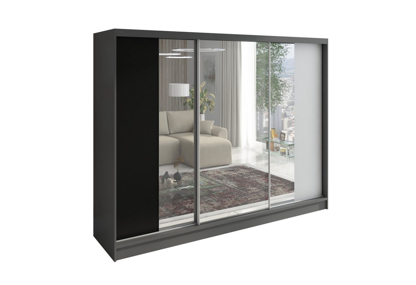 A&J MöbelLand GmbH Schwebetürenschrank VIDA 200 cm 3-türig Schrank mit Schubladen und Spiegel (TOP ANGEBOT! Geräumiger Schrank mit einer Breite von 200 cm und Spiegel, ideal zur Aufbewahrung von Kleidung und Accessoires. 3 Schubladen und viel Stauraum. TOP PRODUKT! Wählen Sie das ideale Modell für Ihr Schlafzimmer!, Inclusive 3 Schubladen) Breite: 200 cm, Höhe: 215 cm, Tiefe: 59,5 cm von A&J MöbelLand GmbH
