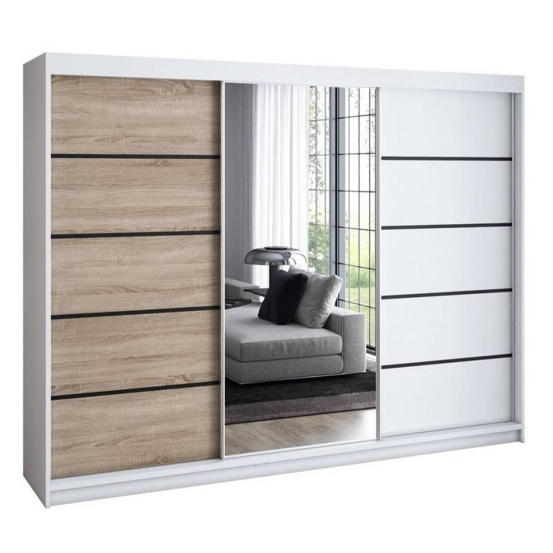 A&J MöbelLand GmbH Schwebetürenschrank VILANO 1 mit 4 Schubladen und Spiegel (TOP ANGEBOT! Geräumiger Schrank mit einer Breite von 200 cm und Spiegel, ideal zur Aufbewahrung von Kleidung und Accessoires. 4 Schubladen und viel Stauraum. TOP PRODUKT! Wählen Sie das ideale Modell für Ihr Schlafzimmer!, Inclusive 4 Schubladen) Breite: 200 cm, Höhe: 215 cm, Tiefe: 59,5 cm von A&J MöbelLand GmbH