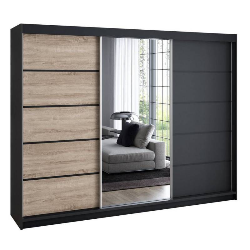 A&J MöbelLand GmbH Schwebetürenschrank VILANO 3 mit 4 Schubladen und Spiegel (TOP ANGEBOT! Geräumiger Schrank mit einer Breite von 200 cm und Spiegel, ideal zur Aufbewahrung von Kleidung und Accessoires. 4 Schubladen und viel Stauraum. TOP PRODUKT! Wählen Sie das ideale Modell für Ihr Schlafzimmer!, Inclusive 4 Schubladen) Breite: 200 cm, Höhe: 215 cm, Tiefe: 59,5 cm von A&J MöbelLand GmbH