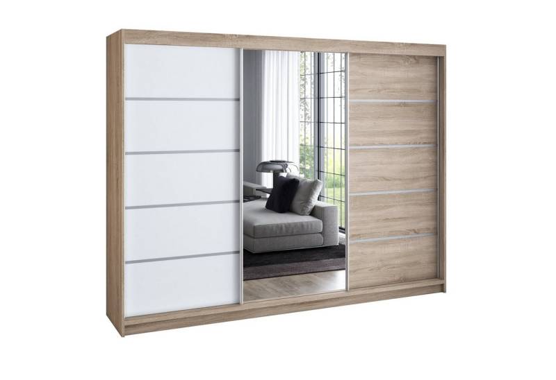 A&J MöbelLand GmbH Schwebetürenschrank VILANO mit 4 Schubladen und Spiegel (nur für kurze Zeit! TOP ANGEBOT! Geräumiger Schrank mit einer Breite von 200 cm und Spiegel, ideal zur Aufbewahrung von Kleidung und Accessoires. 4 Schubladen und viel Stauraum. TOP PRODUKT! Wählen Sie das ideale Modell für Ihr Schlafzimmer!, Inclusive 4 Schubladen) Breite: 200 cm, Höhe: 215 cm, Tiefe: 59,5 cm von A&J MöbelLand GmbH