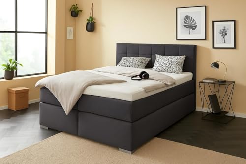 A&J MöbelLand Boxspringbett Tom 140 x 200 cm mit Matratze und gepolstertem Kopfteil. Farbe:Anthracite 18 von A&J MöbelLand