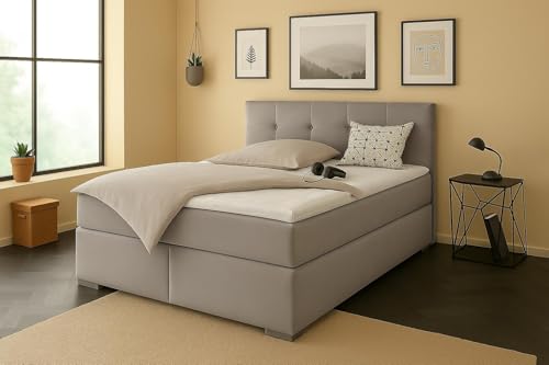 A&J MöbelLand Boxspringbett Tom 140 x 200 cm mit Matratze und gepolstertem Kopfteil. Farbe:Silber 15 von A&J MöbelLand