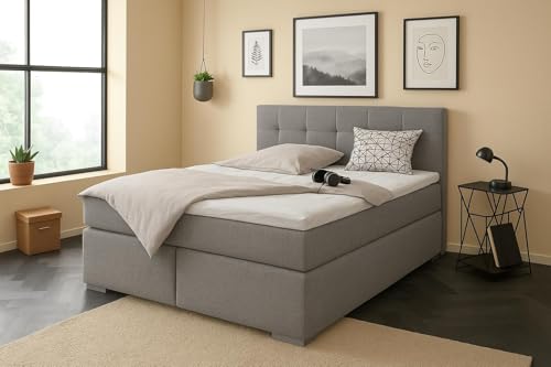 A&J MöbelLand Boxspringbett Tom 140 x 200 cm mit Matratze und gepolstertem Kopfteil. Farbe:Silber 21 von A&J MöbelLand