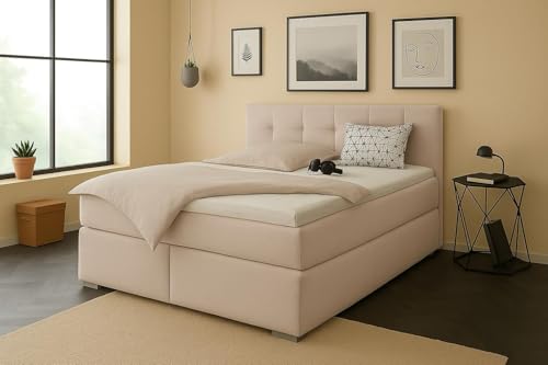 A&J MöbelLand Boxspringbett Tom-OM 140 x 200 cm mit gepolstertem Kopfteil. Farbe:Beige 2 von A&J MöbelLand