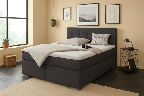 A&J MöbelLand Boxspringbett Tom-OM 140 x 200 cm mit Matratze und gepolstertem Kopfteil. Farbe:Pfeffer 5 von A&J MöbelLand