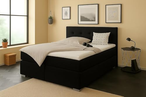 A&J MöbelLand Boxspringbett Tom-OM 140 x 200 cm mit Matratze und gepolstertem Kopfteil. Farbe:Schwarz 20 von A&J MöbelLand