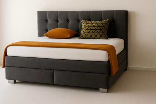 A&J MöbelLand Boxspringbett Verona 140 x 200 cm mit Zwei 7-Zonen-Taschenfederkernmatratzen und gepolstertem Kopfteil. Farbe: Anthrazit von A&J MöbelLand