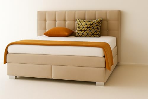 A&J MöbelLand Boxspringbett Verona 140 x 200 cm mit Zwei 7-Zonen-Taschenfederkernmatratzen und gepolstertem Kopfteil. Farbe: Beige von A&J MöbelLand