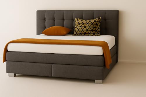 A&J MöbelLand Boxspringbett Verona 140 x 200 cm mit Zwei 7-Zonen-Taschenfederkernmatratzen und gepolstertem Kopfteil. Farbe: Dunkelgrau von A&J MöbelLand