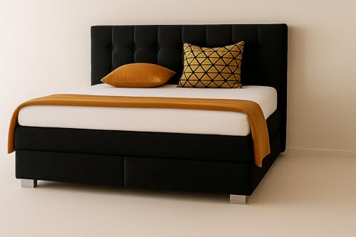 A&J MöbelLand Boxspringbett Verona 140 x 200 cm mit Zwei 7-Zonen-Taschenfederkernmatratzen und gepolstertem Kopfteil. Farbe: Schwarz von A&J MöbelLand