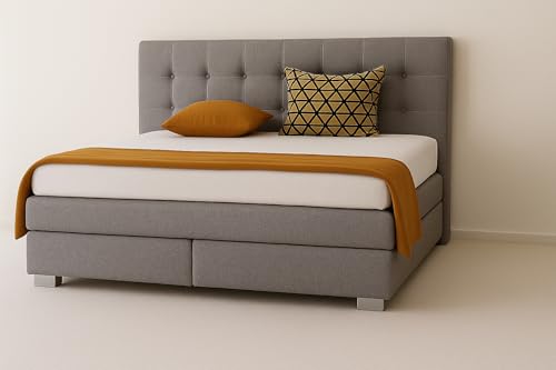 A&J MöbelLand Boxspringbett Verona 180 x 200 cm mit Zwei 7-Zonen-Taschenfederkernmatratzen und gepolstertem Kopfteil. Farbe: Grau von A&J MöbelLand