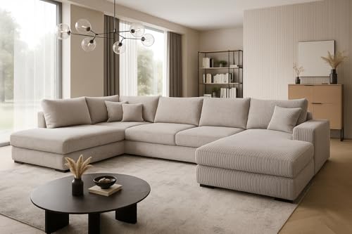 A&J MöbelLand Ecksofa Fabio 328x182 cm mit Schlaffunktion, Bonellfederkern und Bettkasten in Creme – modernes Schlafsofa mit Stauraum von A&J MöbelLand