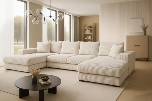 A&J MöbelLand Ecksofa VIENA 328x182 cm mit Schlaffunktion, Bonellfederkern und Bettkasten in Creme – modernes Schlafsofa mit Stauraum von A&J MöbelLand
