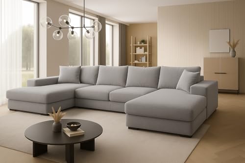 A&J MöbelLand Ecksofa VIENA 328x182 cm mit Schlaffunktion, Bonellfederkern und Bettkasten in Hellgrau – modernes Schlafsofa mit Stauraum von A&J MöbelLand