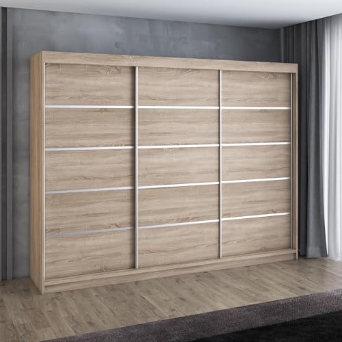 A&J MöbelLand Flix Schwebetürenschrank 200 cm, Kleiderschrank 3-türig mit 4 Schubladen (Sonoma) von A&J MöbelLand