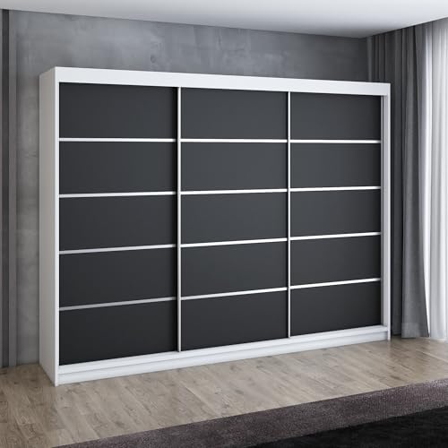 A&J MöbelLand Flix Schwebetürenschrank 200 cm, Kleiderschrank 3-türig mit 4 Schubladen (Weiß) von A&J MöbelLand