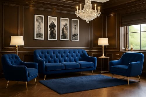 A&J MöbelLand GmbH Polstergarnitur Benito: 3-Sitzer Sofa + 2 Sessel – Wohnzimmer Set, modernes Design, Bonellfederkern, langlebige Qualität, Bezug in Dunkelblau von A&J MöbelLand