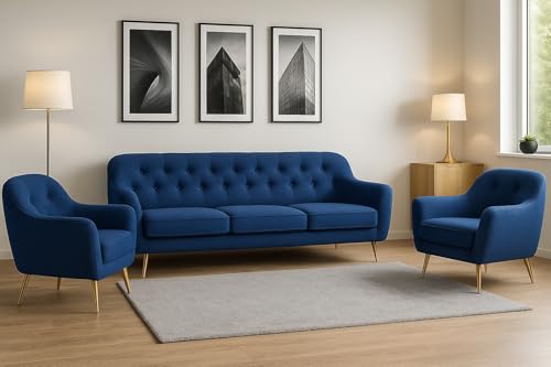 A&J MöbelLand GmbH Polstergarnitur Benito: 3-Sitzer Sofa + 2 Sessel – Wohnzimmer Set, modernes Design, Bonellfederkern, langlebige Qualität, Bezug in Dunkelblau von A&J MöbelLand