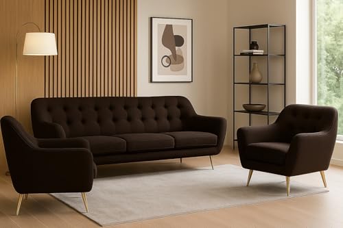 A&J MöbelLand GmbH Polstergarnitur Benito: 3-Sitzer Sofa + 2 Sessel – Wohnzimmer Set, modernes Design, Bonellfederkern, langlebige Qualität, Bezug in Dunkelbraun von A&J MöbelLand