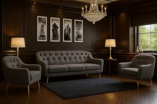 A&J MöbelLand GmbH Polstergarnitur Benito: 3-Sitzer Sofa + 2 Sessel – Wohnzimmer Set, modernes Design, Bonellfederkern, langlebige Qualität, Bezug in Dunkelgrau von A&J MöbelLand