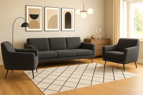 A&J MöbelLand GmbH Polstergarnitur Benito: 3-Sitzer Sofa + 2 Sessel – Wohnzimmer Set, modernes Design, Bonellfederkern, langlebige Qualität, Bezug in Dunkelgrau von A&J MöbelLand