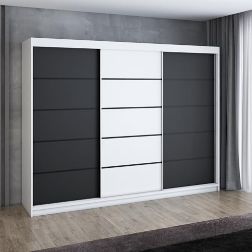 A&J MöbelLand Mero Schwebetürenschrank 200 cm, Kleiderschrank 3-türig mit 4 Schubladen (Weiß/Schwarz/Weiß/Schwarz) von A&J MöbelLand