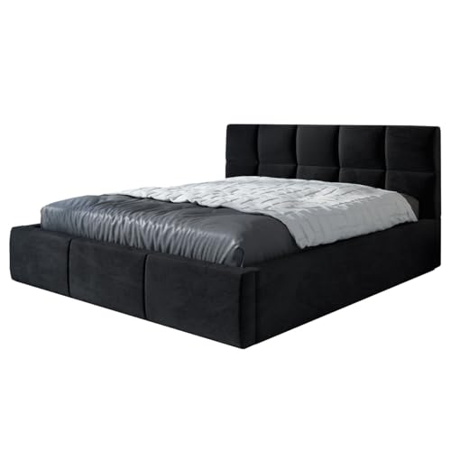 A&J MöbelLand Polsterbett 140x200 mit Bettkasten und Lattenrost – Carlos-OM, Bett mit Stauraum in Schwarz ohne Matratze von A&J MöbelLand