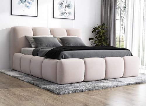 A&J MöbelLand Polsterbett 140x200 mit Bettkasten und Lattenrost – DONA, Bett mit Matratze und Stauraum in Beige von A&J MöbelLand