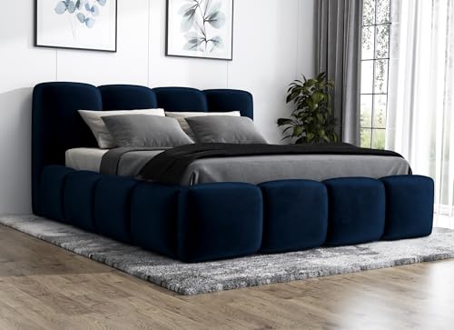 A&J MöbelLand Polsterbett 140x200 mit Bettkasten und Lattenrost – DONA, Bett mit Matratze und Stauraum in Dunkelblau von A&J MöbelLand