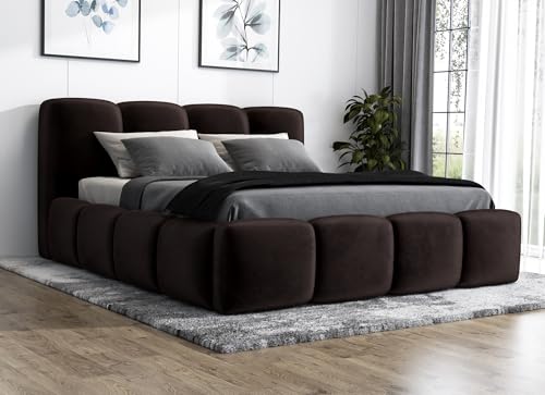 A&J MöbelLand Polsterbett 140x200 mit Bettkasten und Lattenrost – DONA, Bett mit Matratze und Stauraum in Dunkelbraun von A&J MöbelLand