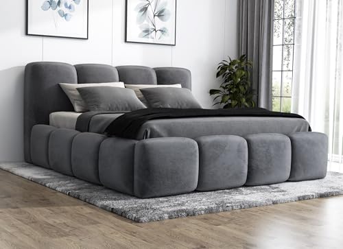 A&J MöbelLand Polsterbett 140x200 mit Bettkasten und Lattenrost – DONA, Bett mit Matratze und Stauraum in Dunkelgrau von A&J MöbelLand