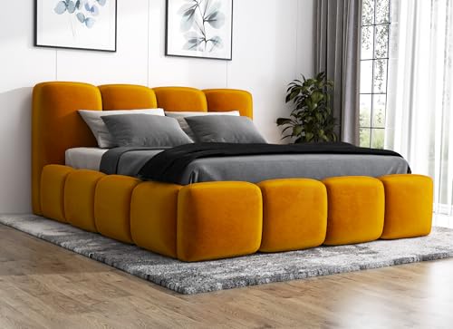 A&J MöbelLand Polsterbett 140x200 mit Bettkasten und Lattenrost – DONA, Bett mit Matratze und Stauraum in Gelb von A&J MöbelLand