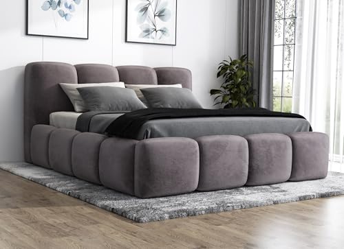 A&J MöbelLand Polsterbett 140x200 mit Bettkasten und Lattenrost – DONA, Bett mit Matratze und Stauraum in Grau von A&J MöbelLand